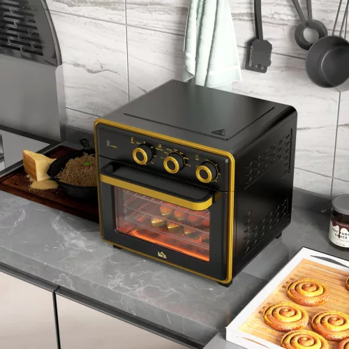 Mini sütő, 20 literes, olajmentes sütés, grillezés, sütés, légkeveréses, 90-230°C, időzítő, 1400W, fekete+arany