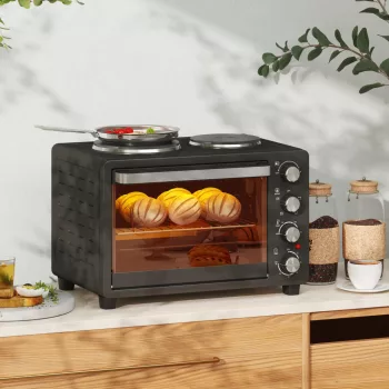   28 literes kenyérpirító, kompakt sütő főzéshez és grillezéshez, elektromos sütő sütőtálcával, grillráccsal, 2600 W, fekete