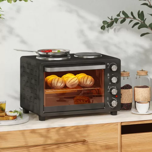 28 literes kenyérpirító, kompakt sütő főzéshez és grillezéshez, elektromos sütő sütőtálcával, grillráccsal, 2600 W, fekete