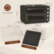 28 literes kenyérpirító, kompakt sütő főzéshez és grillezéshez, elektromos sütő sütőtálcával, grillráccsal, 2600 W, fekete