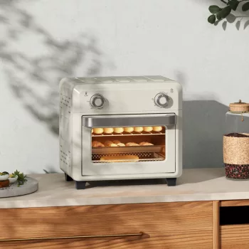   10 literes hőlégbefúvásos sütő grillezéshez, sütéshez és olajban sütéshez, időzítővel, 1000 W-tal, mosogatógépben mosható, krémfehér