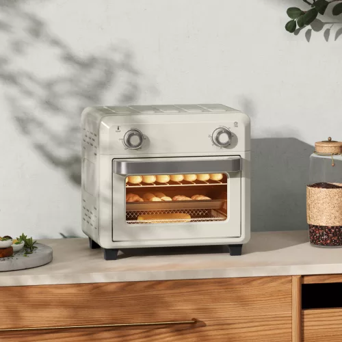 10 literes hőlégbefúvásos sütő grillezéshez, sütéshez és olajban sütéshez, időzítővel, 1000 W-tal, mosogatógépben mosható, krémfehér