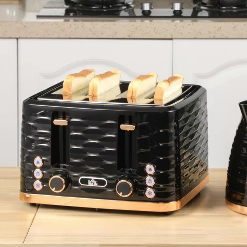4 szeletes kenyérpirító, hullám alakú kialakítás, több funkció, morzsatálca, fekete