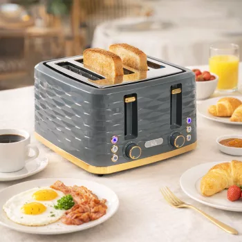   4 szeletes kenyérpirító 7 pirítási szinttel, magas süllyesztéssel, újramelegítés/kiolvasztás/törlés funkcióval, szürke hullámos dizájnnal