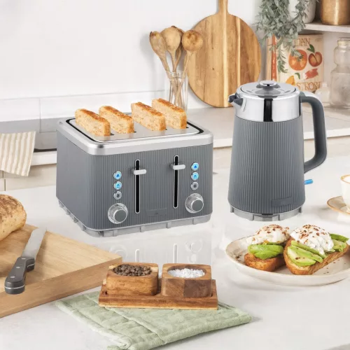 2200 W-os, 1,7 literes vízforraló gyorsforraló funkcióval, vízkőoldó szűrővel és 4 szeletes kenyérpirítóval, 7 pirítási fokozattal, szürke színben