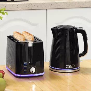   Vízforraló és kenyérpirító szett, 2200W, Otter termosztát, 2 szeletes kenyérpirító, 7 pirítási szint, morzsatálca, fekete