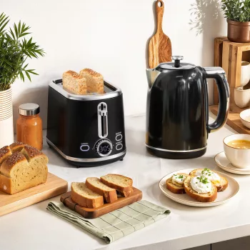   Vízforraló és kenyérpirító szett, LED kijelző, 1,7 liter, 2200 W, retró dizájn, memória funkció, fekete