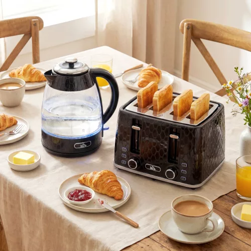 1,7 literes, 2200 W-os gyorsforralós vízforraló és 4 szeletes kenyérpirító szett vízkőszűrővel, fekete