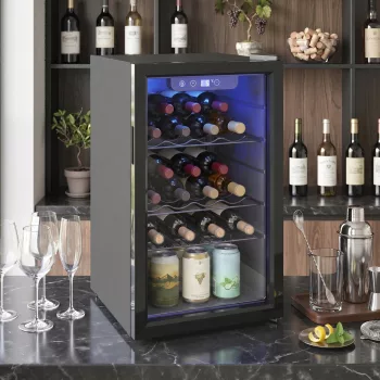   Weinkühlschrank 24 Flaschen, 68 Liter Kapazität, 4–16 °C Standgerät für Getränke, Bier und Wein mit Glas-Tür, Schwarz