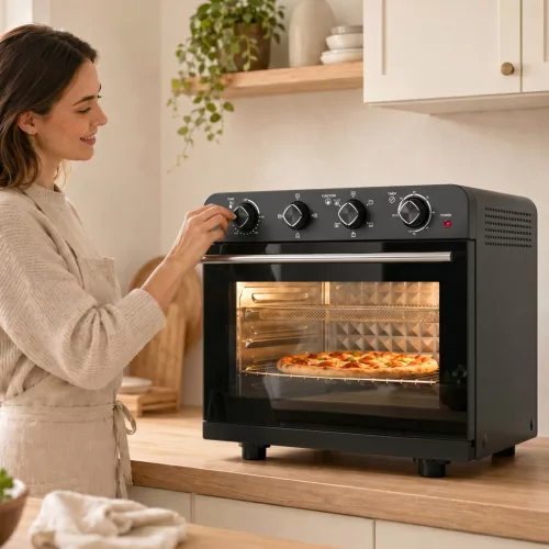 Forró levegős fritőz légkeveréses és forgónyársas sütővel, hőmérséklet-szabályozással, időzítővel, 1800 W