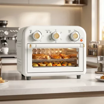  12 literes mini légkeveréses fritőz/sütő légkeveréssel, 5 programmal, sütőtálcával és sütőkosárral, 1200 W, mosogatógépben mosható