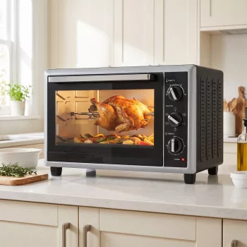   46 literes mini sütő forgónyárssal, légkeveréses sütővel, hőmérséklet-szabályozással és időzítővel, 1800 W, fekete