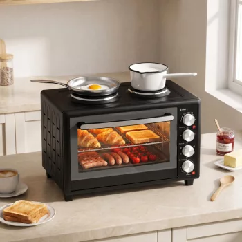   36 literes mini sütő 2 főzőlappal, elektromos asztali sütő légkeveréses funkcióval, 90–230 °C