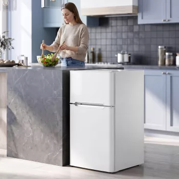   Mini Kühlschrank mit Gefrierfach 2-Türiger mit Einstellbarem Thermostat Kleiner Getränkekühlschrank 90L Weiß