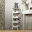 5-szintes konyhai zsúrkocsi, fahatású, kerekeken, fém váz, 4 fiók, fehér