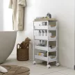 5-szintes konyhai zsúrkocsi, fahatású, kerekeken, fém váz, 4 fiók, fehér