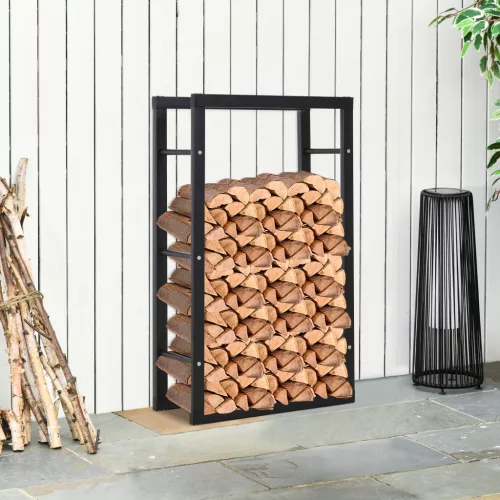 Fém tűzifa állvány 60 x 25 x 100 cm, tűzifa tároló állvány, egymásra rakási segédeszköz, acélváz, 100 kg-ig, kültéri tűzifa menedék, fa állvány, tűzifa állvány kertbe, teraszra, kültéri használatra, fekete