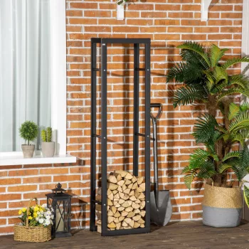   Fém tűzifa állvány 40 x 25 x 150 cm, tűzifa tároló állvány, egymásra rakási segédeszköz, acélváz, 100 kg-ig, kültéri tűzifa menedék, fa állvány, tűzifa állvány kertbe, teraszra, kültéri használatra, fekete