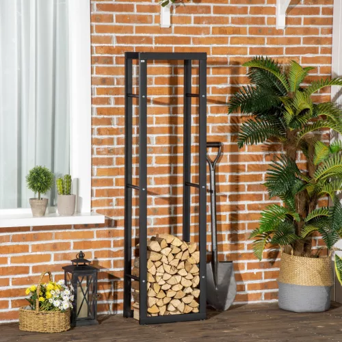 Fém tűzifa állvány 40 x 25 x 150 cm, tűzifa tároló állvány, egymásra rakási segédeszköz, acélváz, 100 kg-ig, kültéri tűzifa menedék, fa állvány, tűzifa állvány kertbe, teraszra, kültéri használatra, fekete