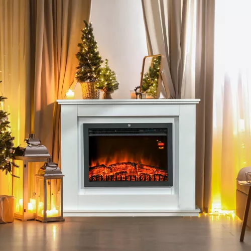 Elektromos kandalló, 3D LED lángok, távirányító, időzítő, MDF, fehér
