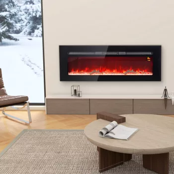   Elektromos kandalló fali tartóval és távirányítóval, műfa és kristályok, 1800 W teljesítmény, fekete