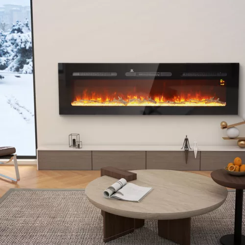 Elektromos kandalló fali tartóval és távirányítóval, műfa és kristályok, 1800 W teljesítmény, fekete