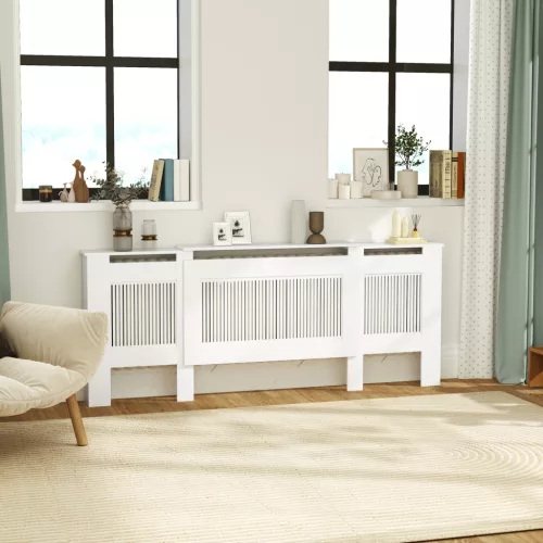 Radiátortakaró, léces kialakítású, állítható hosszúság 125-201 cm, MDF, fehér