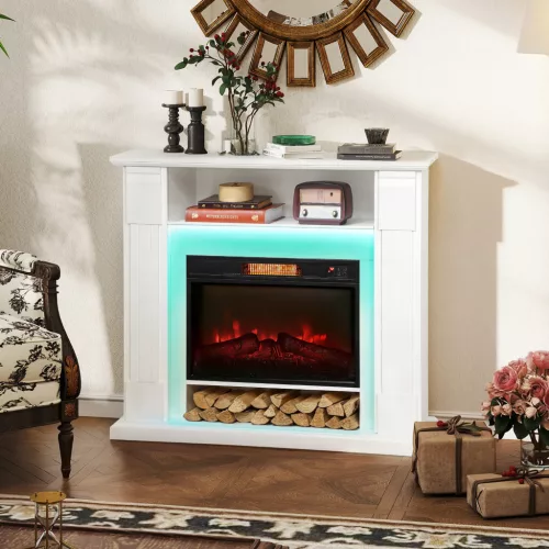  Elektrischer Kamin mit LED-Lichtern, realistischer Flammen-Effekt, 1800W, Kaminsims, 2 Fernbedienungen, Glas, Weiß