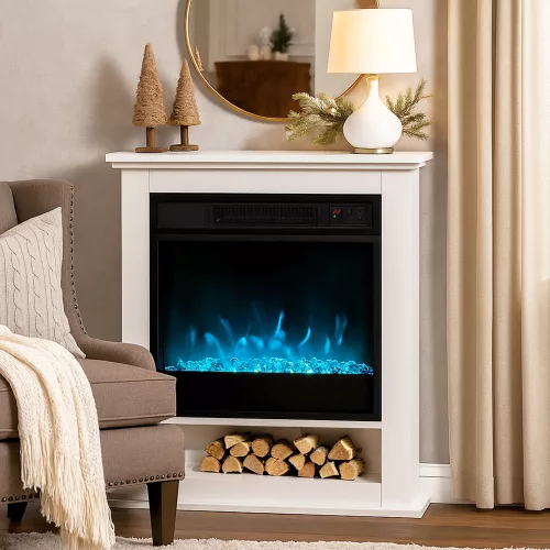 Elektromos kandalló, valósághű lángok 9 színnel, állítható fényerő, 1800 W, távirányító, időzítő, fehér