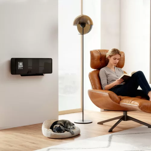 Falra szerelhető 2000 W-os kerámia elektromos fűtőtest, ventilátor, termosztát, időzítő, távirányító, üvegpanel, fekete