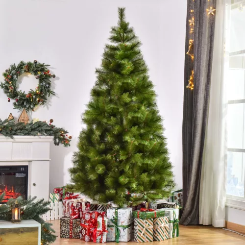 Műfenyő 210 cm, akasztós karácsonyfa 505 tűvel és ezüst díszítéssel, karácsonyfadísz fém állvánnyal beltéri használatra