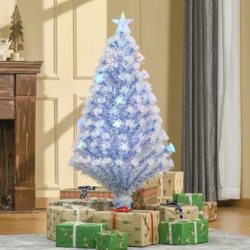   Künstlicher Weihnachtsbaum 120 cm Christbaum künstlich mit Glasfaser und LED-Beleuchtung, 130 Spitzen Tannenbaum inkl. Stahlständer für Drinnen Weiß+Blau