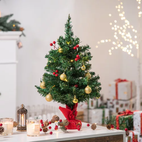 Mini karácsonyfa, karácsonyi dekoráció, karácsonyi gömbdíszekkel és LED-es égőkkel, 60 cm, többszínű