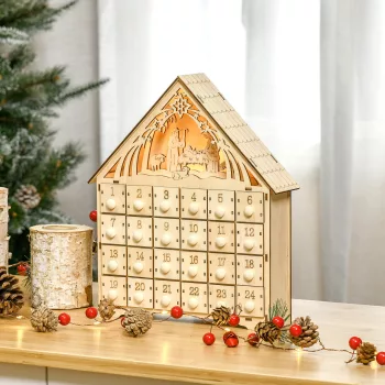   Adventi naptár LED világítással, 24 fiókkal, betlehem mintával, 26,6x6x30 cm, fahatású