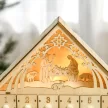 Adventi naptár LED világítással, 24 fiókkal, betlehem mintával, 26,6x6x30 cm, fahatású