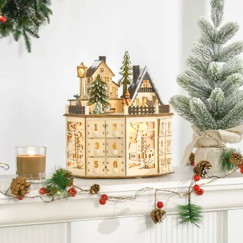   Adventi naptár doboz, karácsonyi dekoráció, LED fények, 24 fiók, natúr