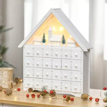   Adventi naptár karácsonyi dekoráció, 24 fiókkal, LED fényekkel, 39 cm x 9 cm x 42 cm, fehér + zöld