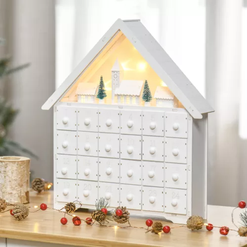 Adventi naptár karácsonyi dekoráció, 24 fiókkal, LED fényekkel, 39 cm x 9 cm x 42 cm, fehér + zöld
