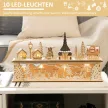 Karácsonyi dekoráció, karácsonyi falu, 10 LED, meleg fehér fény, 45 x 10 x 25 cm, fa dekoráció