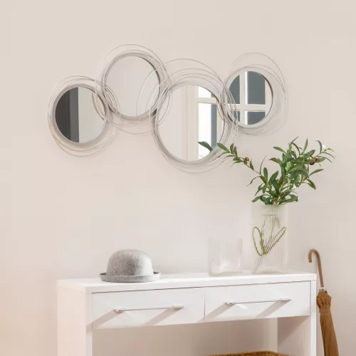 Spiegel-Set für Wanddekoration, Wandschmuck mit 4 runden Spiegeln, Wandspiegel, Flurspiegel,107 x 4 x 56 cm