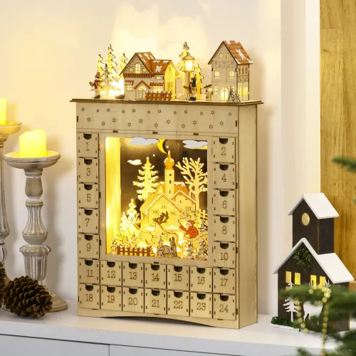 Adventi naptár töltelékkel, 24 fiókkal és rekesszel, karácsonyi naptár LED-es fényekkel, natúr fa, 36 x 9 x 52 cm