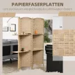 4-teiliger Paravent, 160 x 170 cm, faltbare Trennwand mit 2 Regalen, Naturholz
