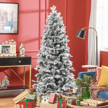    Künstlicher Weihnachtsbaum, Kunstschnee & Tannenzapfen, realistisch, flammhemmend, Metallfuß, 183 cm, Grün