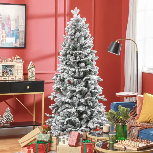  Künstlicher Weihnachtsbaum, Kunstschnee & Tannenzapfen, realistisch, flammhemmend, Metallfuß, 183 cm, Grün