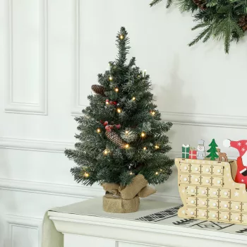   Karácsonyfa LED világítással, 60 cm, fenyőtobozokkal és piros bogyókkal, állvánnyal, zöld/fehér