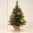 Karácsonyfa LED világítással, 60 cm, fenyőtobozokkal és piros bogyókkal, állvánnyal, zöld/fehér