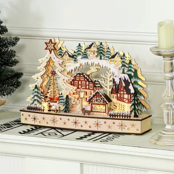   Karácsonyi falu téli csodaországban, 20 LED égő, többrétegű, natúr fa, 45 x 12 x 30 cm