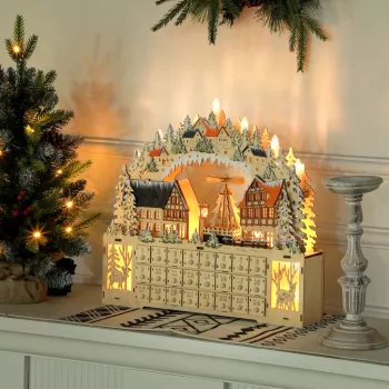    Adventskalender, Weihnachtsdorf, 18 LEDs, 24 Schubladen, wiederverwendbar, 45 x 9 x 42,5 cm