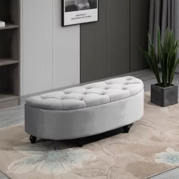   Tárolópad, kárpitozott pad bársonyhatású bevonattal, nyitott fedéllel, tárolóláda fa lábakkal, komód pad nappaliba, előszobába, hálószobába, 120 x 46 x 42 cm, szürke