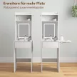 Kompakt fésülködőasztal tükörrel és LED világítással, összecsukható asztallap, nyitott polcok, fiók, MDF, fehér